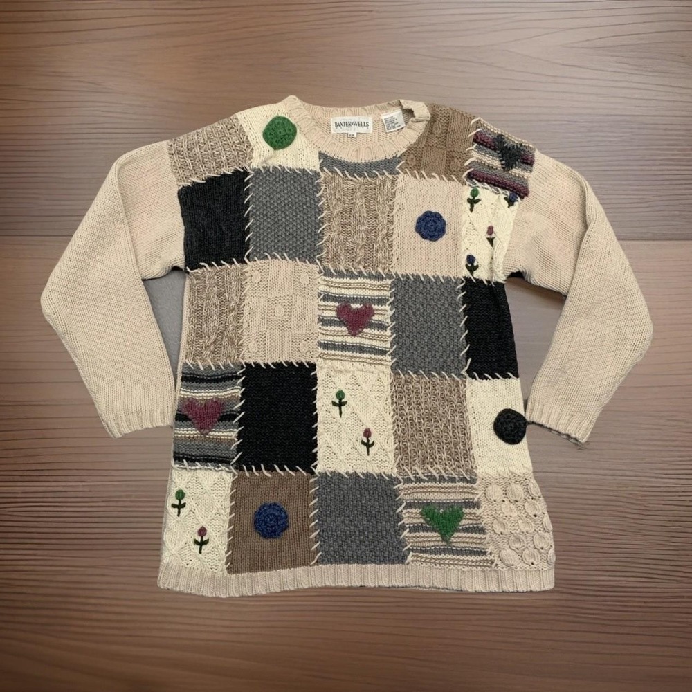 Vintage Baxter Wells Sweater 3D Embroidered Heart Flower Cottagecore Petite M - Picture 3 of 14